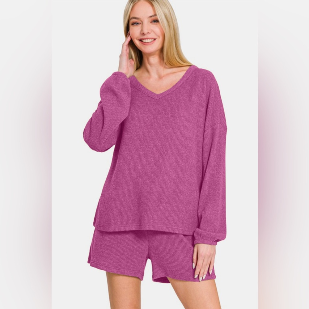 Zenana V-Neck Long Sleeve Ribbed Top and Shorts Set